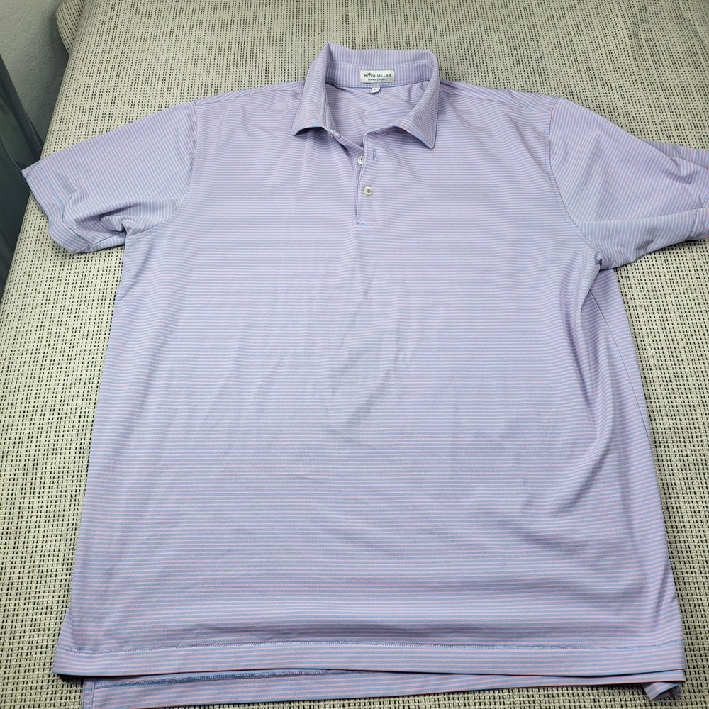 Peter Millar Poloโ Shirt Mens XL Pink Blue Stripe Summer Comfort Golf Casual